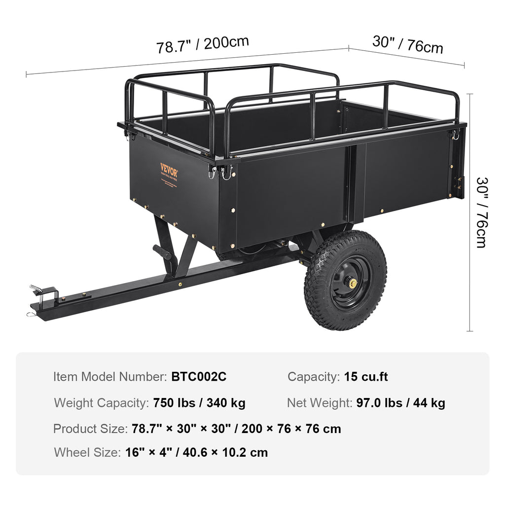 15 Cu Ft Utility Trailer for ATV/Tractor – VEVOR Steel Dump Cart w/ Removable Panels