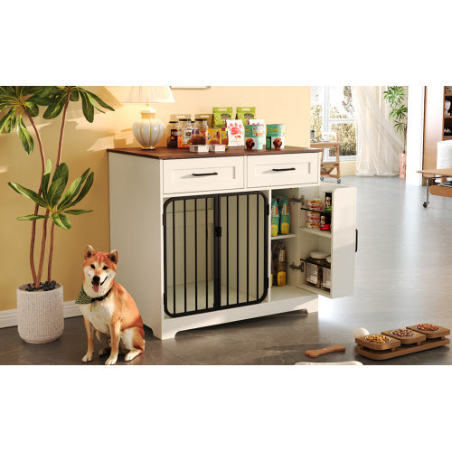 Dog Crate Furniture, Indoor Dog Kennel With 2 Drawers And Storage Cabinet, Modern Furniture Dog Crate Side End Table For Small Medium Dogs, White
