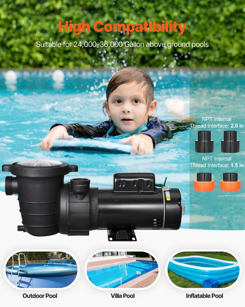 Above Ground Pool Pump 2HP/0.44HP Dual Speed Swimming Pool Pump 118 GPM/57 GPM