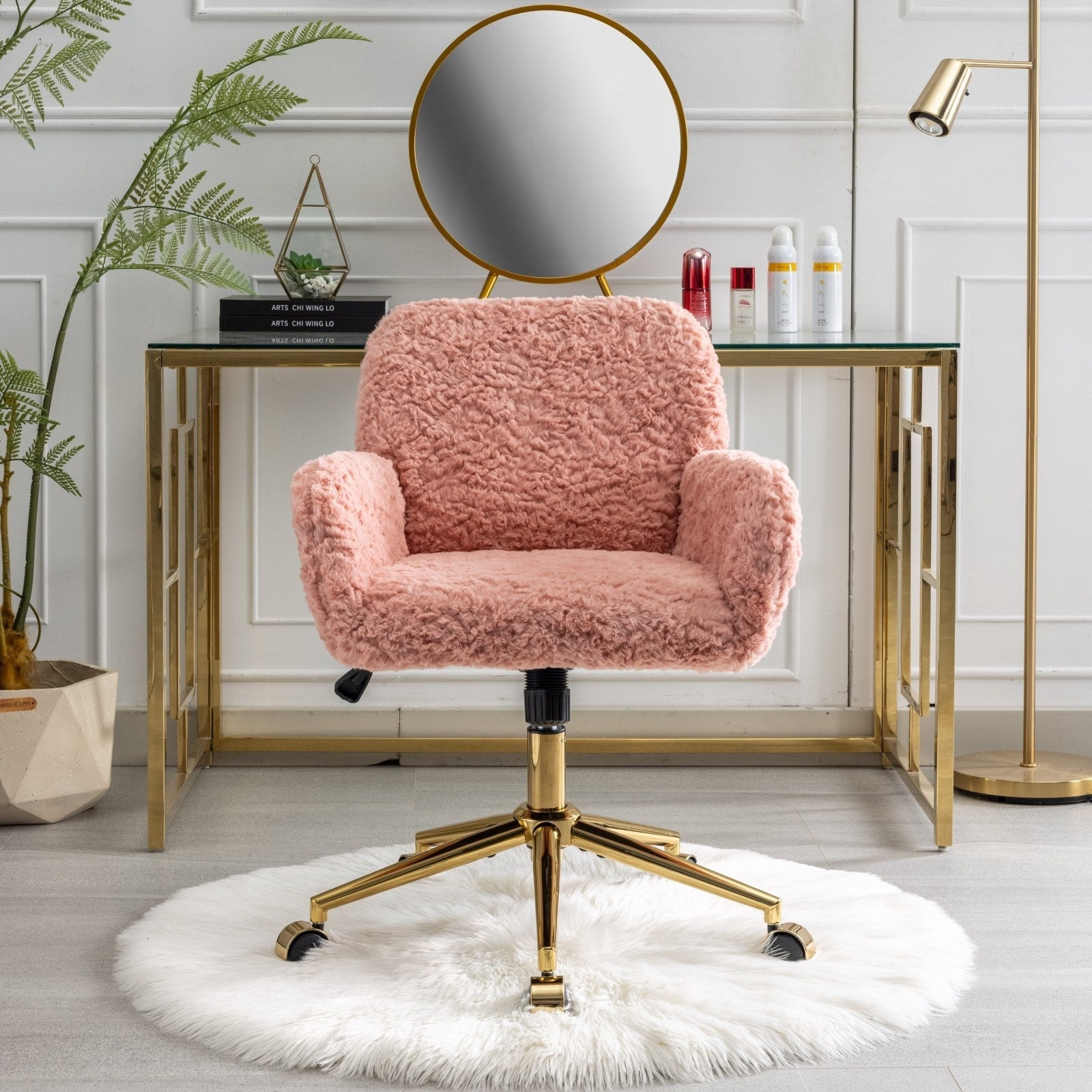 Furniture Artificial Rabbit Hair Office Chair With Gold Base, Adjustable