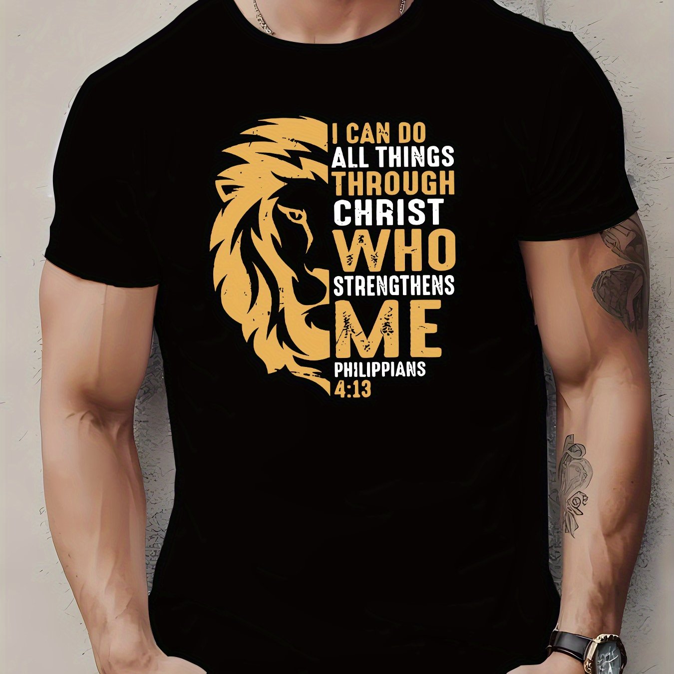 A Geometric Lion Patterned Polyester Men's T-shirt With Philippians Bible Verses Printed On It