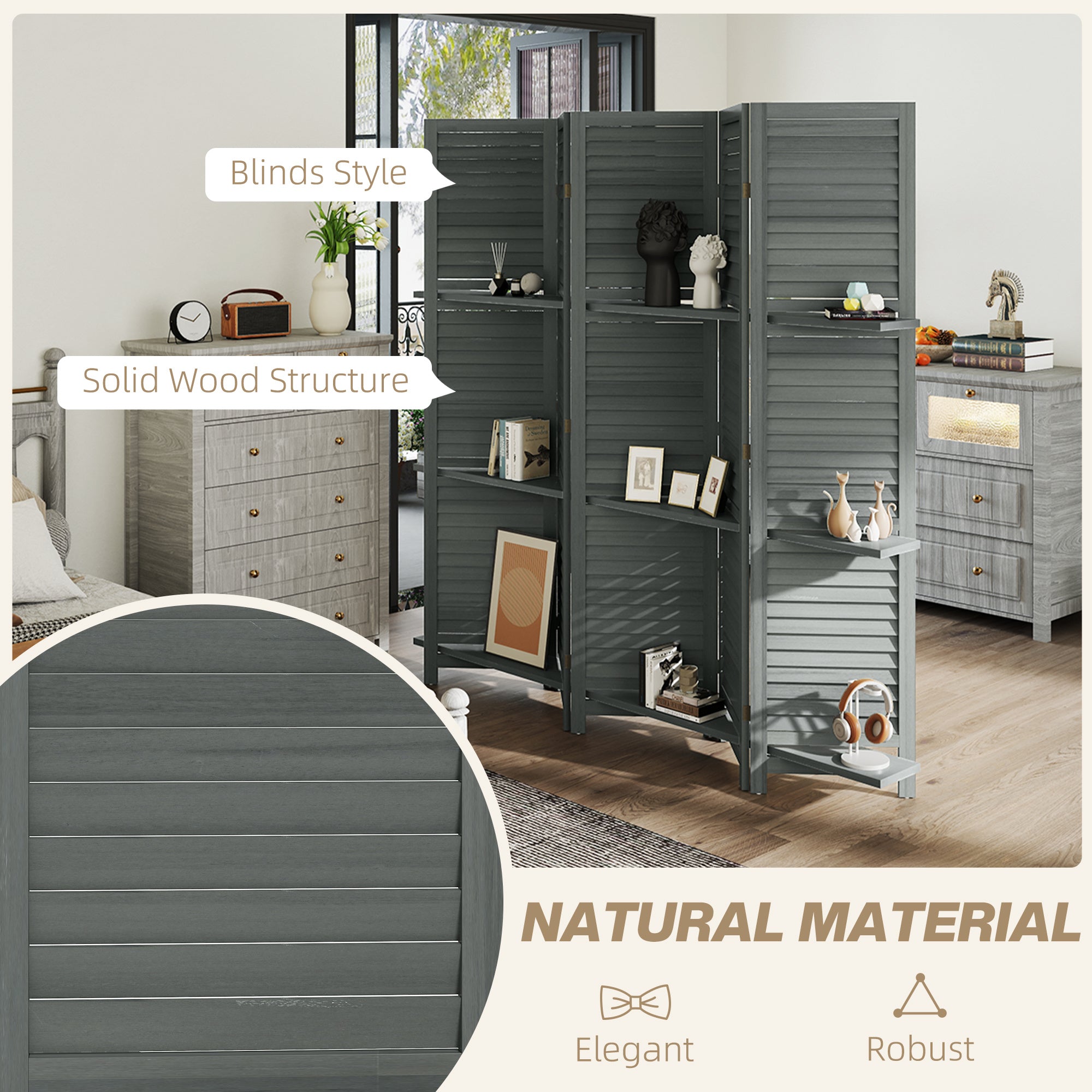 5 Panel 67 Tall Wood Privacy Screen Room Divider With 3 Shelves And Folding Storage For Bedroom, Gray