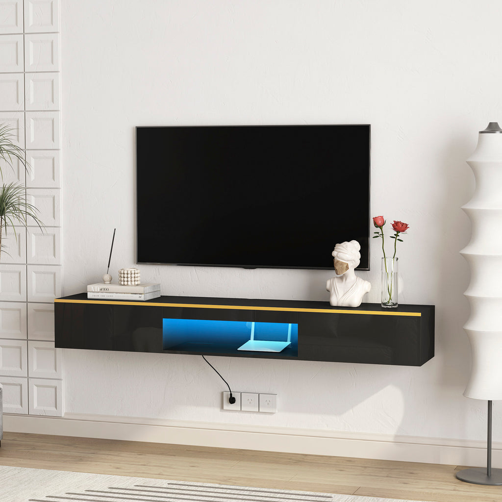 Floating TV Stand Wall Mounted With 16 Color LEDs,Modern TV Stand, Floating TV Cabinet Entertainment Center For 55 60 65 Inch TV,Black