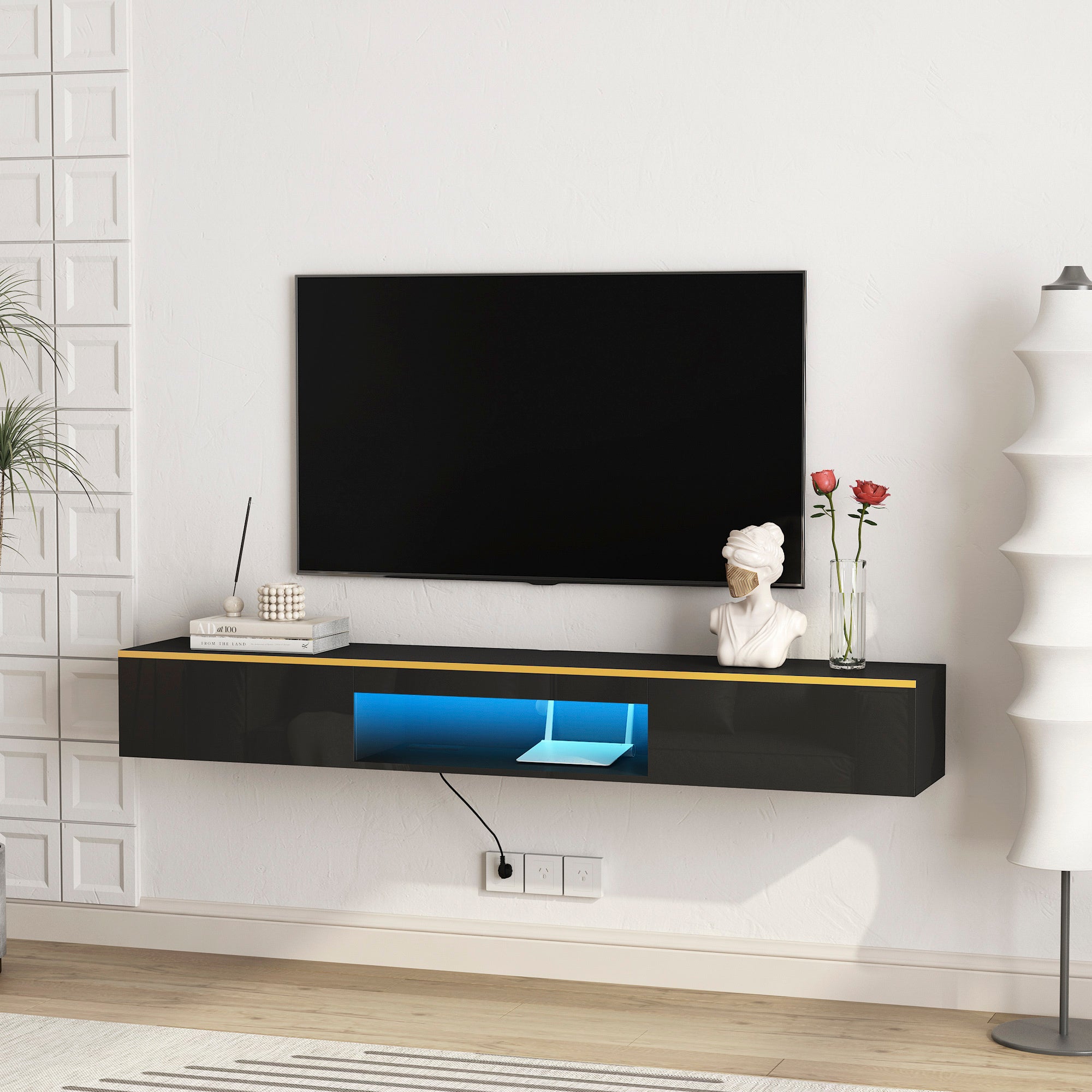 Floating TV Stand Wall Mounted With 16 Color LEDs,Modern TV Stand, Floating TV Cabinet Entertainment Center For 55 60 65 Inch TV,Black