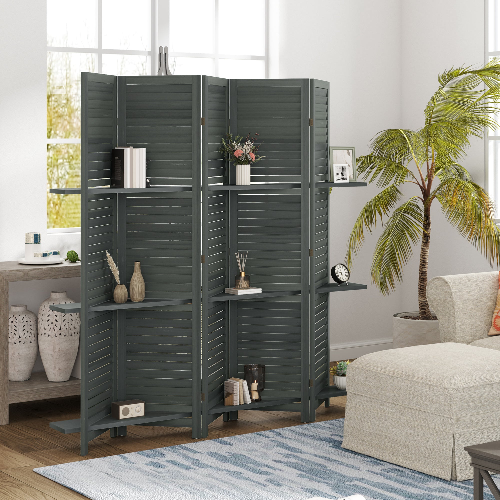 5 Panel 67 Tall Wood Privacy Screen Room Divider With 3 Shelves And Folding Storage For Bedroom, Gray