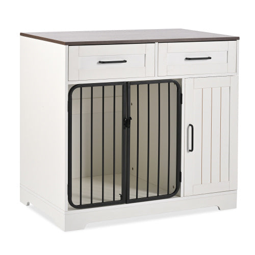 Dog Crate Furniture, Indoor Dog Kennel With 2 Drawers And Storage Cabinet, Modern Furniture Dog Crate Side End Table For Small Medium Dogs, White