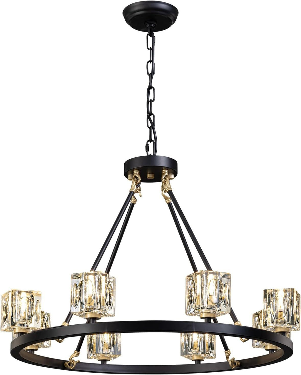 Black Wagon Wheel Chandelier, 8-Light Farmhouse Crystal Chandeleirs With Adjustable Height,Ceiling Hanging Light Fixture Pendant Lights For Living Room,Bedroom,Kitchen Island,Dining Room,Bedroom