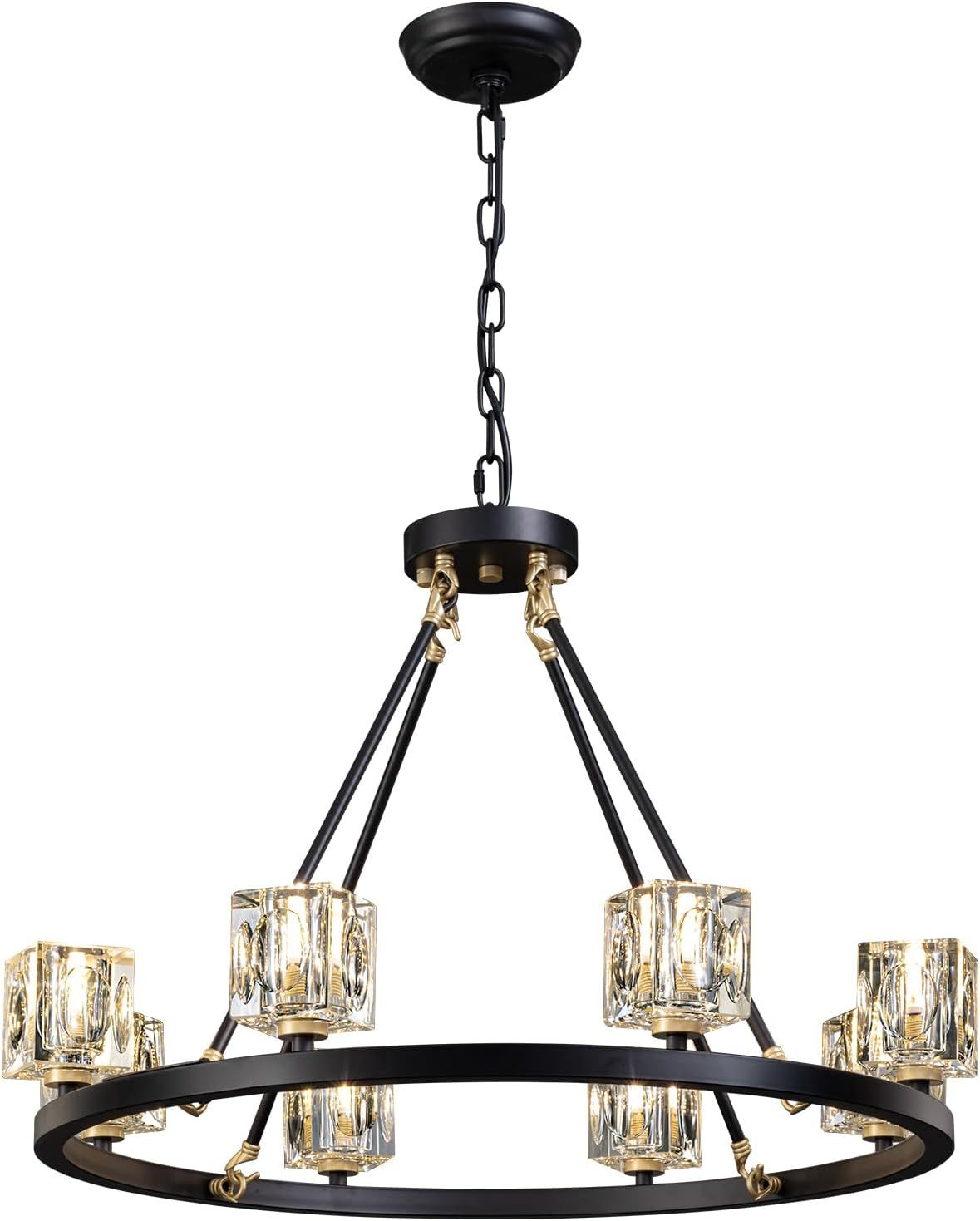 Black Wagon Wheel Chandelier, 8-Light Farmhouse Crystal Chandeleirs With Adjustable Height,Ceiling Hanging Light Fixture Pendant Lights For Living Room,Bedroom,Kitchen Island,Dining Room,Bedroom