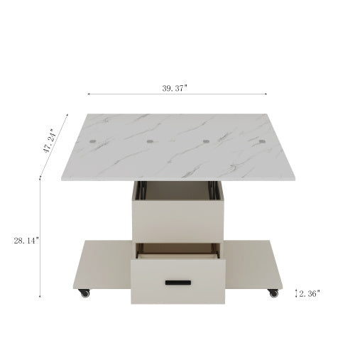 Modern Lift-Up Coffee Table With 4 Stools Set For Living Room Expandable 1 Hidden Storage 2 Drawers Space Saving Folding Dining Table