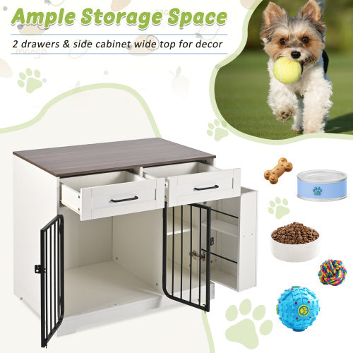 Dog Crate Furniture, Indoor Dog Kennel With 2 Drawers And Storage Cabinet, Modern Furniture Dog Crate Side End Table For Small Medium Dogs, White