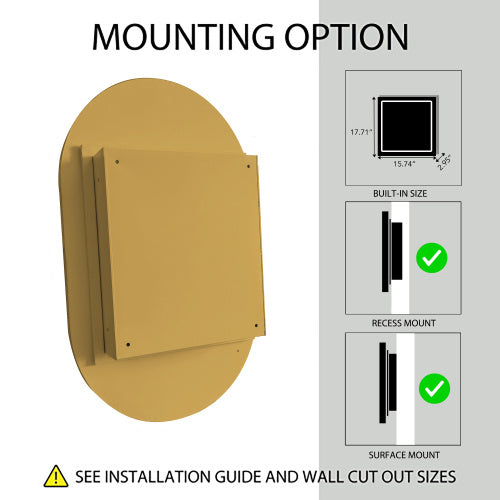 20x34 Inch Oval Recessed Medicine Cabinet, Metal Framed Bathroom Wall Cabinet With Mirror And Adjustable Shelves, Matte Gold