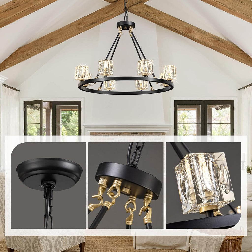 Black Wagon Wheel Chandelier, 8-Light Farmhouse Crystal Chandeleirs With Adjustable Height,Ceiling Hanging Light Fixture Pendant Lights For Living Room,Bedroom,Kitchen Island,Dining Room,Bedroom