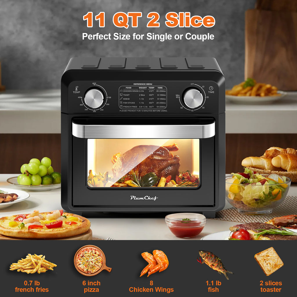 11QT Compact Air Fryer Toaster Oven, 1000W, Convection Countertop, With Reference Menus, 2-Slice Toaster, Adjustable Time And Temperature, Black