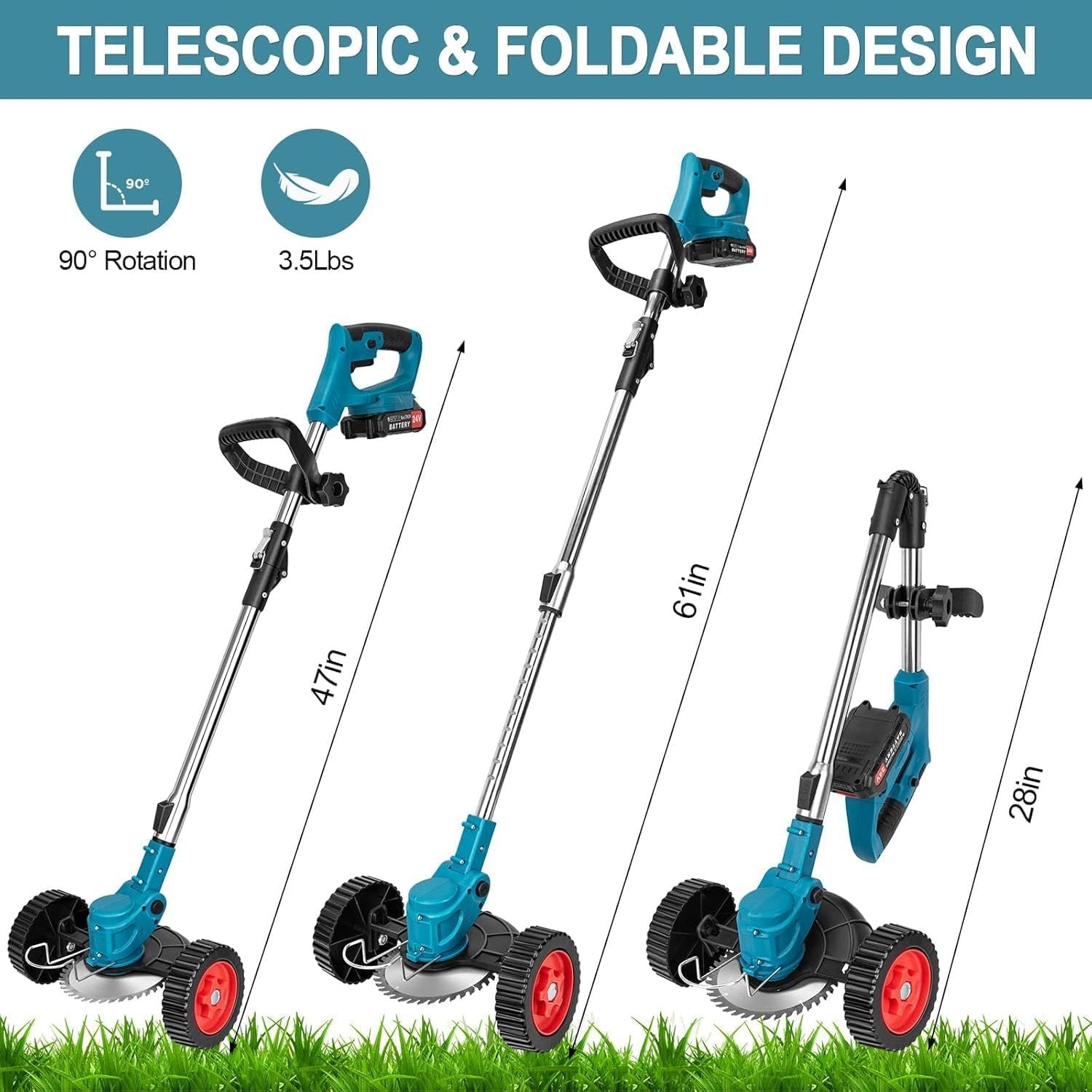Electric Weed Wacker Cordless Lawn Mower Grass Lawn Edger With 2000mAh Li-Ion Battery Powered And 3 Cutting Blade Types Weed Trimmer Tool For Garden And Yard