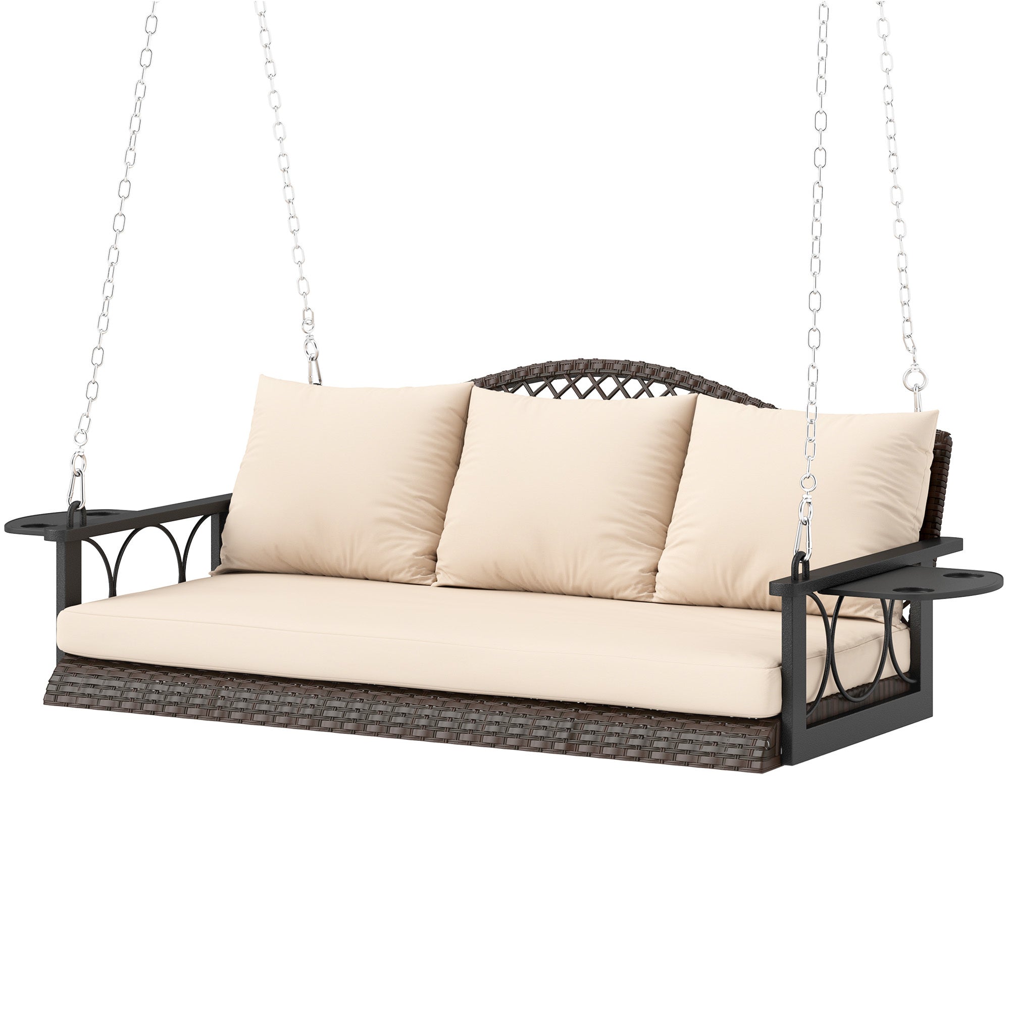 3 Person Wicker Hanging Outdoor Patio Porch Swing Bench With Cup Holders, Cushions, And Chains, Brown