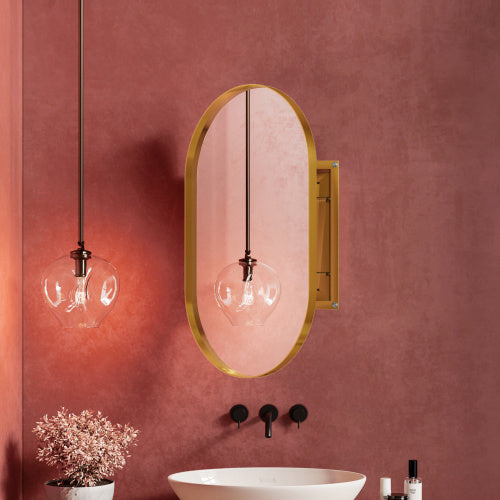 20x34 Inch Oval Recessed Medicine Cabinet, Metal Framed Bathroom Wall Cabinet With Mirror And Adjustable Shelves, Matte Gold