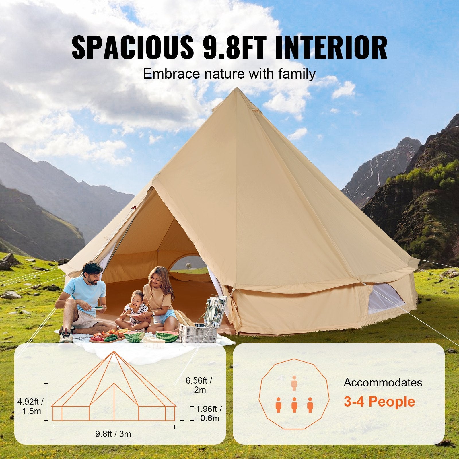 3-5 Person Canvas Glamping Bell Tent, Breathable Waterproof Yurt Tent With Stove Jack And Detachable Side Wall For Family Camping, 10'x 10'x98"(Diameter 3M)