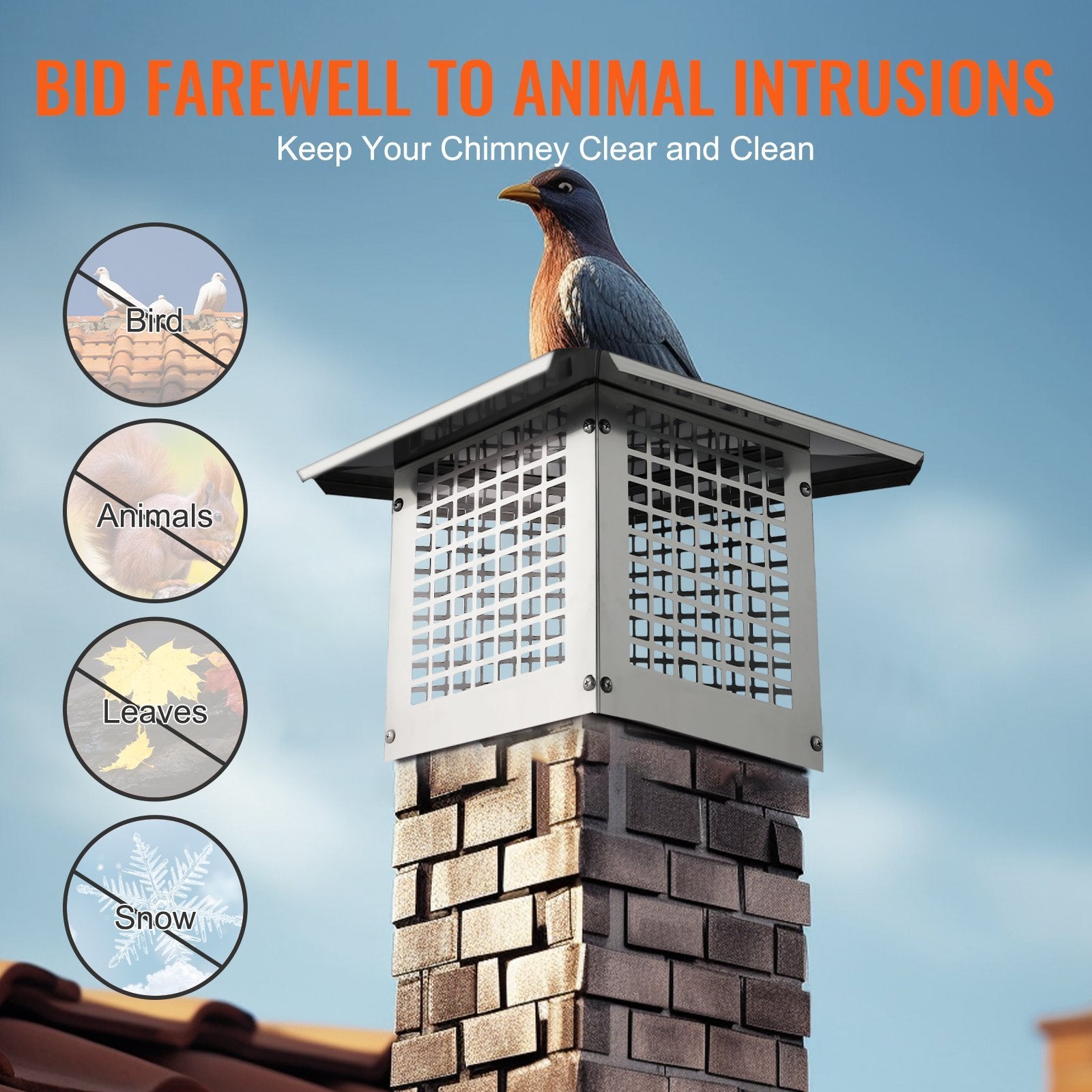 VEVOR Chimney Cap, 9 X 9 Inch, 304 Stainless Steel Fireplace Chimney Cover, Not Easily Toppled & Practical Accessories & Easy Installation, Fits Mesh Flue Covers Outside Clay Flue Shingles, Silver