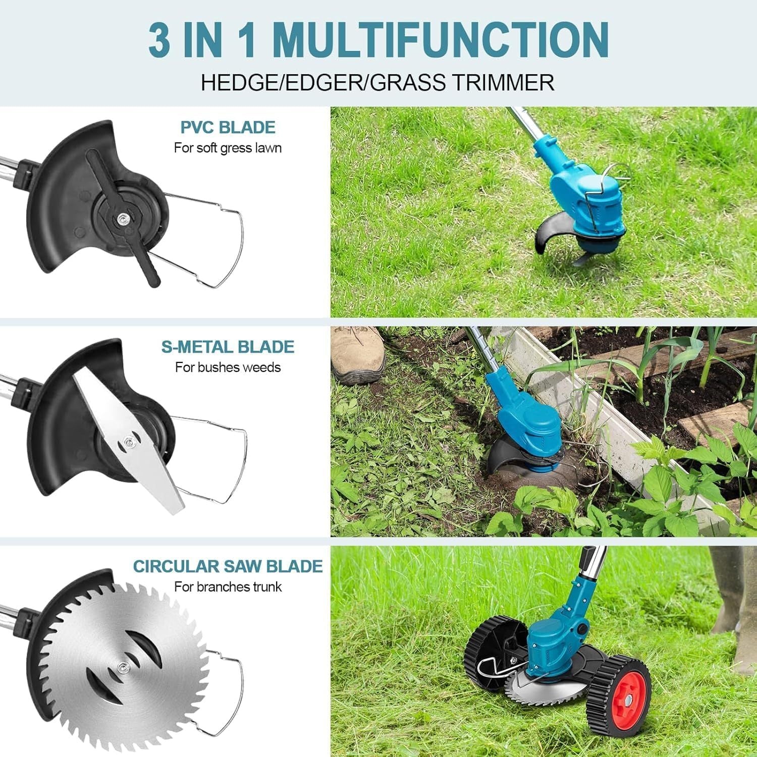 Electric Weed Wacker Cordless Lawn Mower Grass Lawn Edger With 2000mAh Li-Ion Battery Powered And 3 Cutting Blade Types Weed Trimmer Tool For Garden And Yard