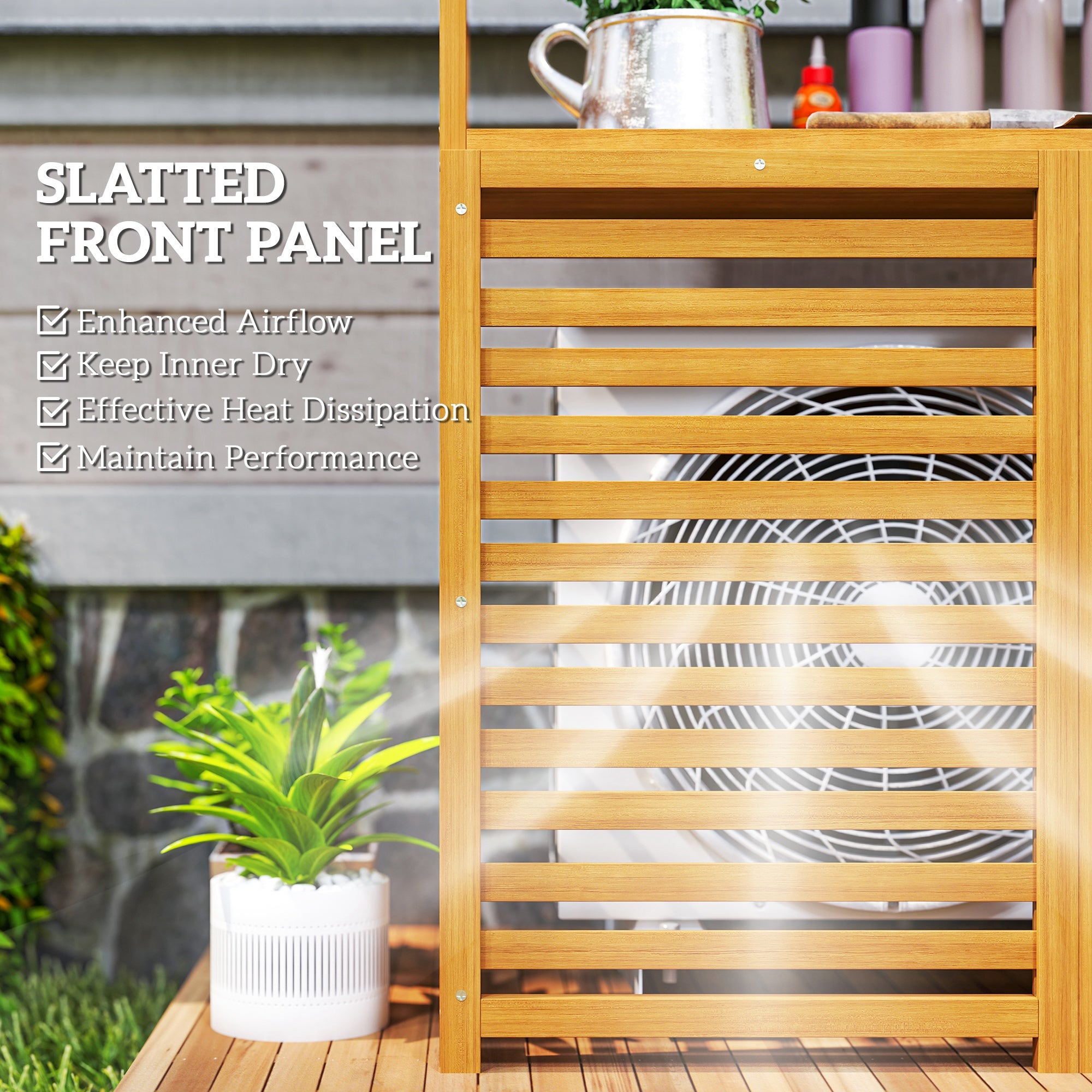 Outdoor Air Conditioner Fence Privacy Screen, Wood AC Fence Potting Table with Shelves for Patio, Light Brown