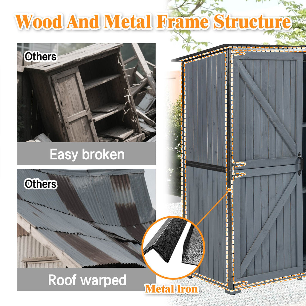 The Storage Shed Is Made Of A Sturdy Metal Frame And Durable Fir Wood, Which Is Sturdy And Durable. The Entire Frame Is Weather-resistant, Making It An Ideal Choice For Your Outdoor Living Space. The