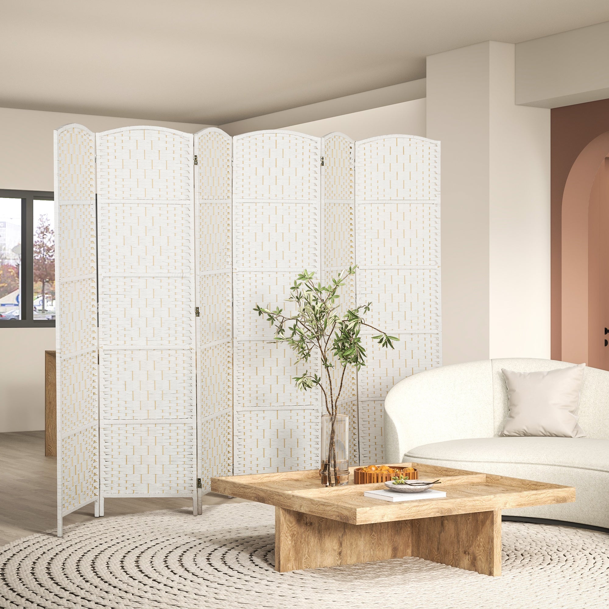 Room Divider, 6 Panel Folding Privacy Screen, 6FT Tall Portable Weave Partition Wall Divider For Bedroom, White