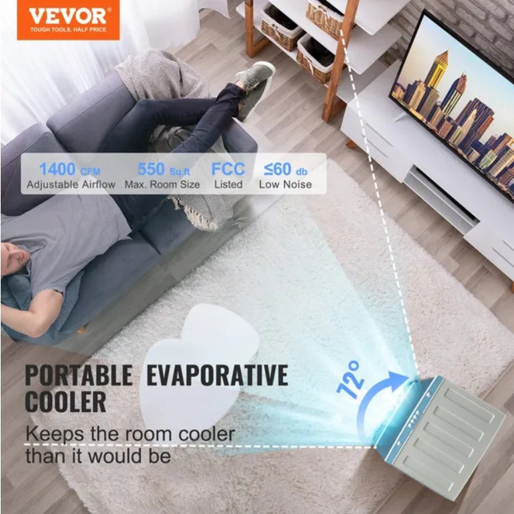 VEVOR Evaporative Air Cooler, Oscillating Swamp Cooler With Adjustable 3 Speeds, Portable Air Cooler For Indoor Outdoor Use