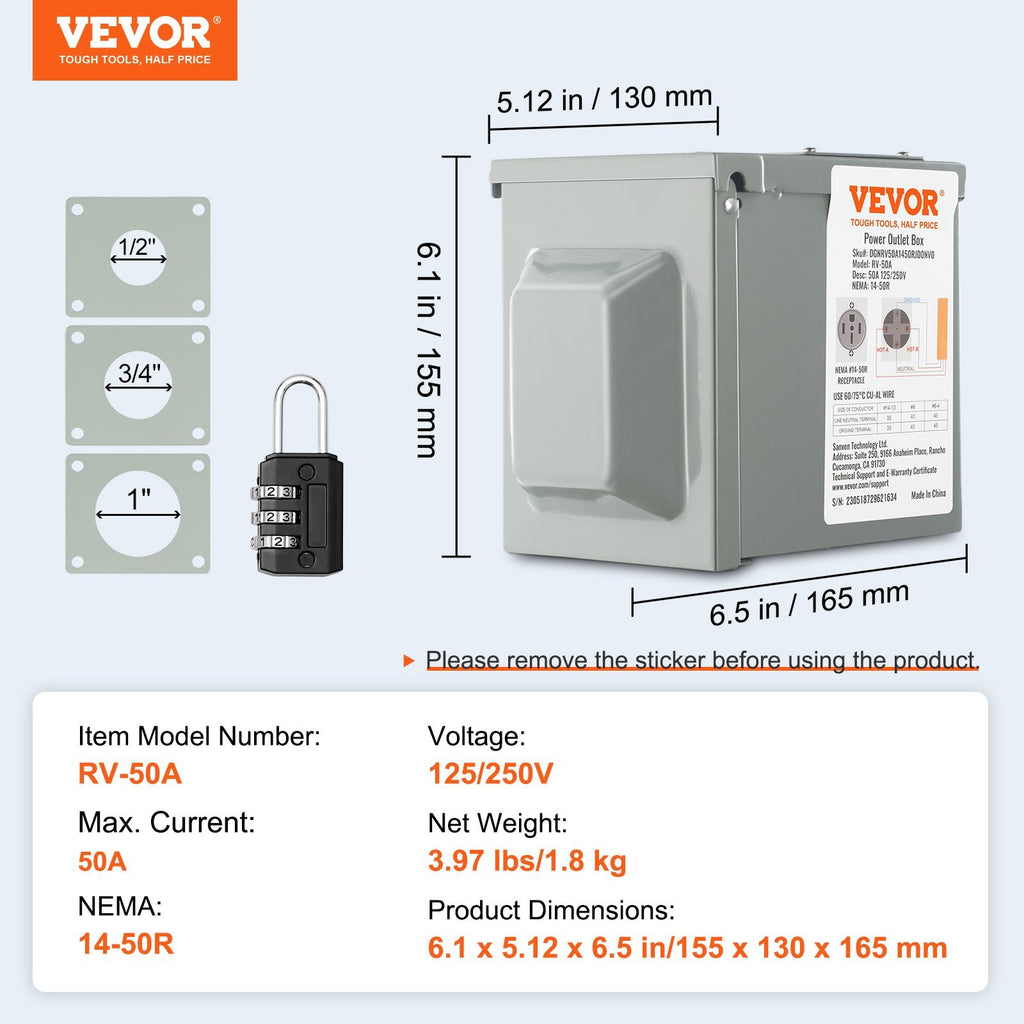 VEVOR 50 Amp RV Power Outlet Box, 125 250 Volt, Enclosed Lockable Outdoor RV Receptacle Box, NEMA 14-50R Weatherproof Electrical Panel, For RV Camper Trailer Motorhome Tested To UL Standards