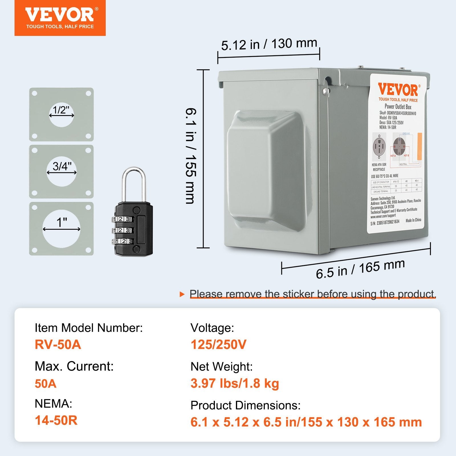 VEVOR 50 Amp RV Power Outlet Box, 125 250 Volt, Enclosed Lockable Outdoor RV Receptacle Box, NEMA 14-50R Weatherproof Electrical Panel, For RV Camper Trailer Motorhome Tested To UL Standards