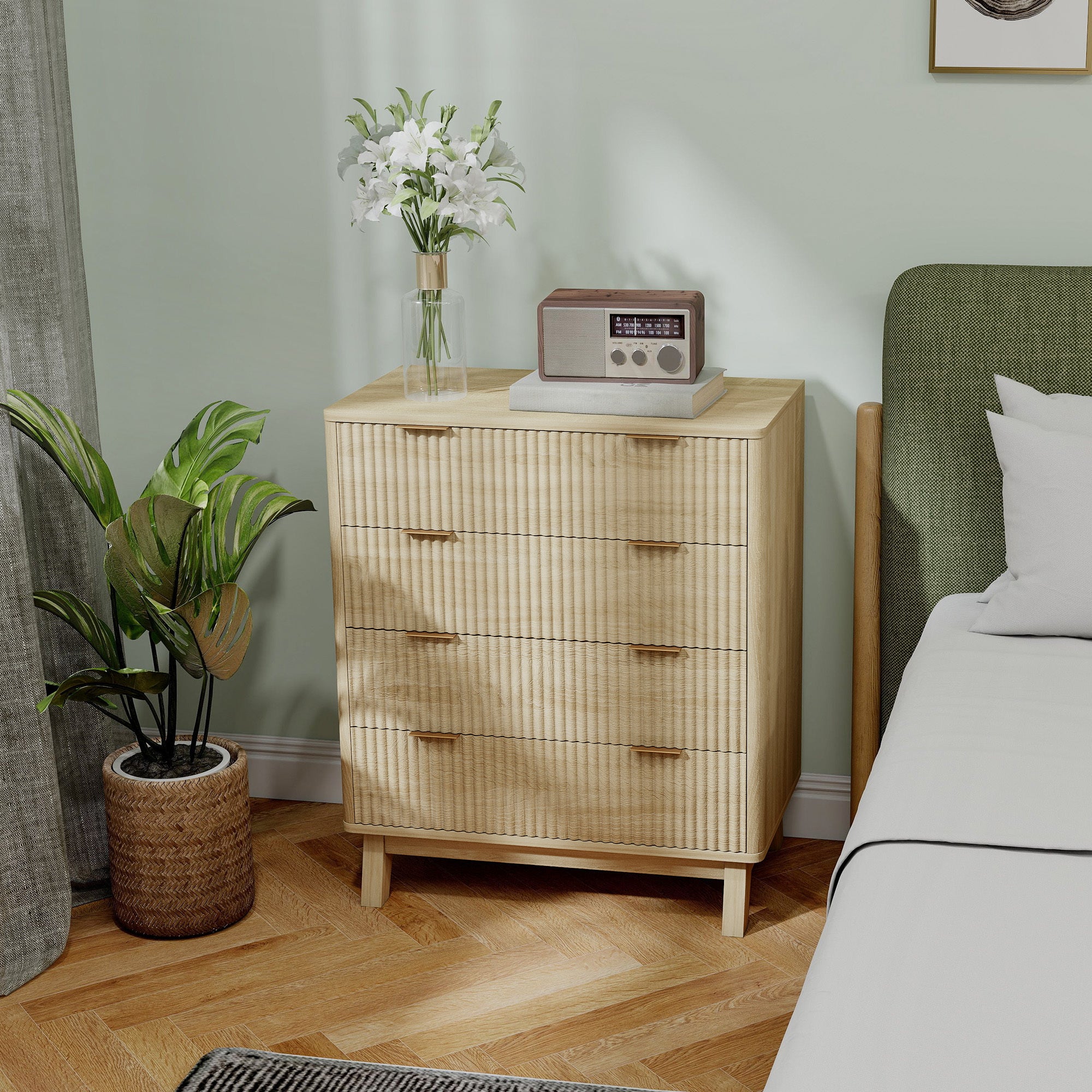 4 Drawer Double Dresser For Bedroom, Fluted Chest Of Drawers With Gold Finger Pulls And 4 Wood Legs, Natural Wood