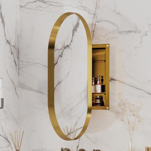 20x34 Inch Oval Recessed Medicine Cabinet, Metal Framed Bathroom Wall Cabinet With Mirror And Adjustable Shelves, Matte Gold