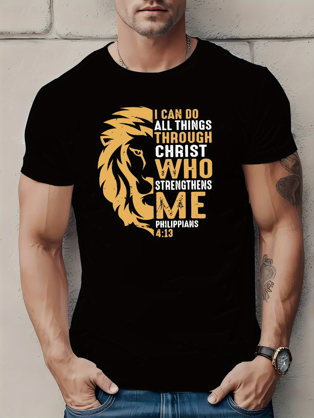 A Geometric Lion Patterned Polyester Men's T-shirt With Philippians Bible Verses Printed On It