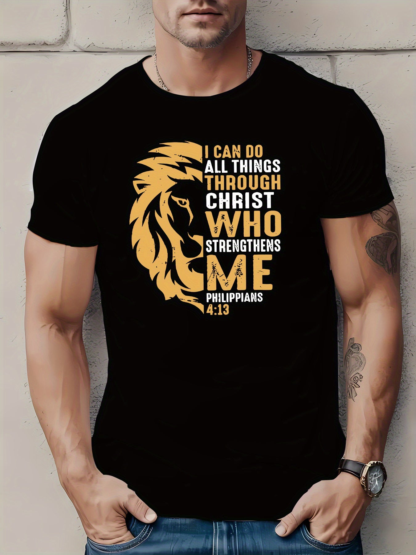 A Geometric Lion Patterned Polyester Men's T-shirt With Philippians Bible Verses Printed On It