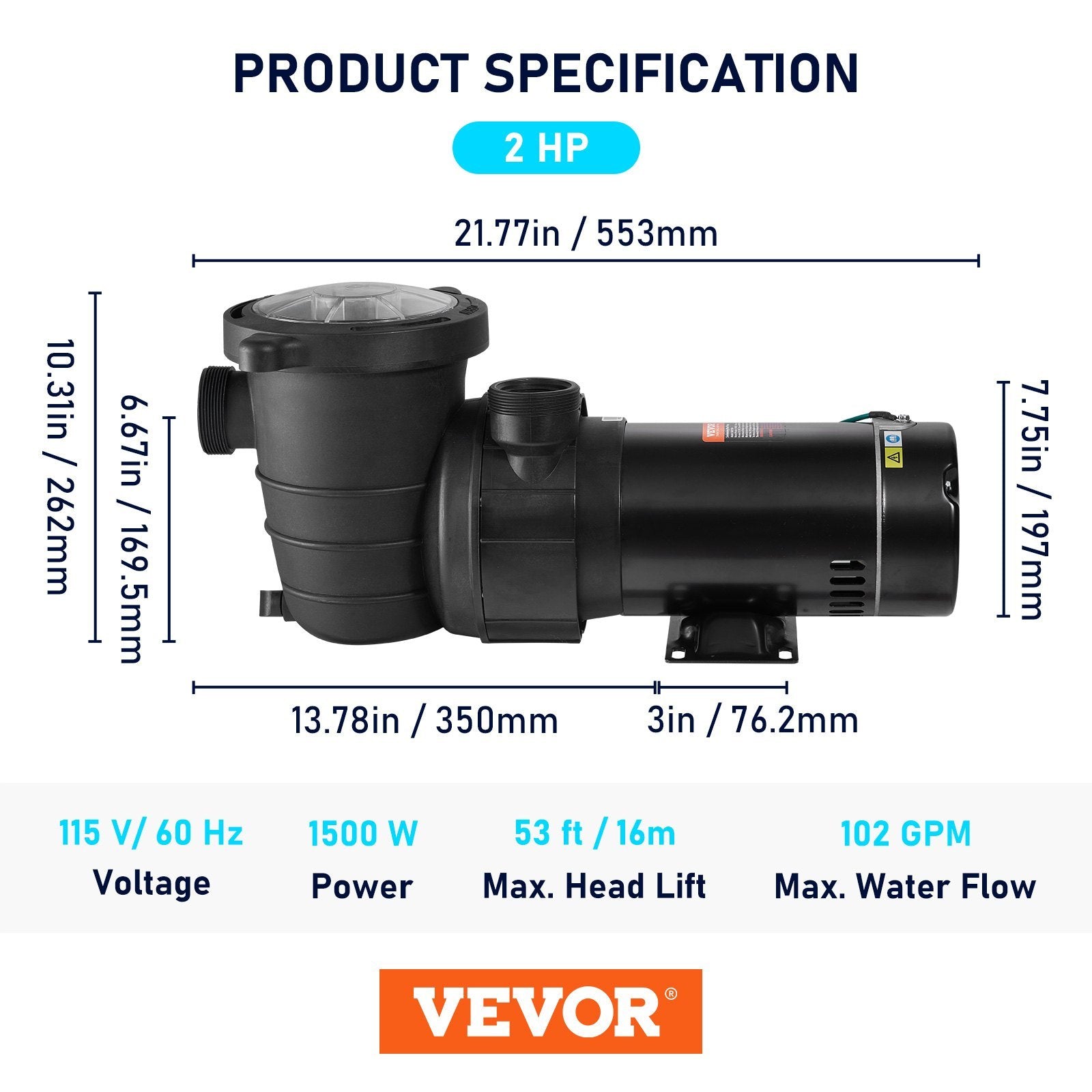 VEVOR Swimming Pool 2.0HP 115V 1500W, Single Speed Pumps For Above Ground Pool, Strainer Basket, 5400 GPH Max. Flow, ETL Certification