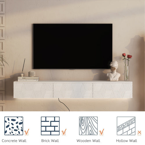 Floating TV Stand Wall Mounted With 16 Color LEDs,Modern TV Stand, Floating TV Cabinet Entertainment Center For 55 60 65 Inch TV,White