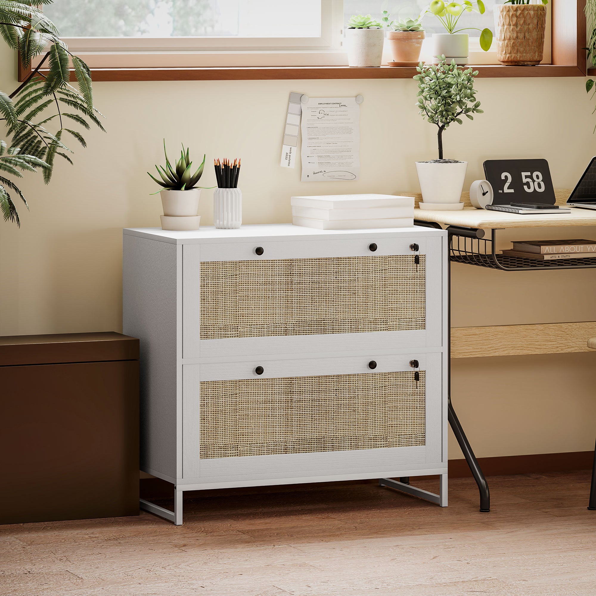 Lockable Filing Cabinet, Boho 2 Drawer File Cabinet With Adjustable Hanging Bar For Letter, A4 And Legal Size, White