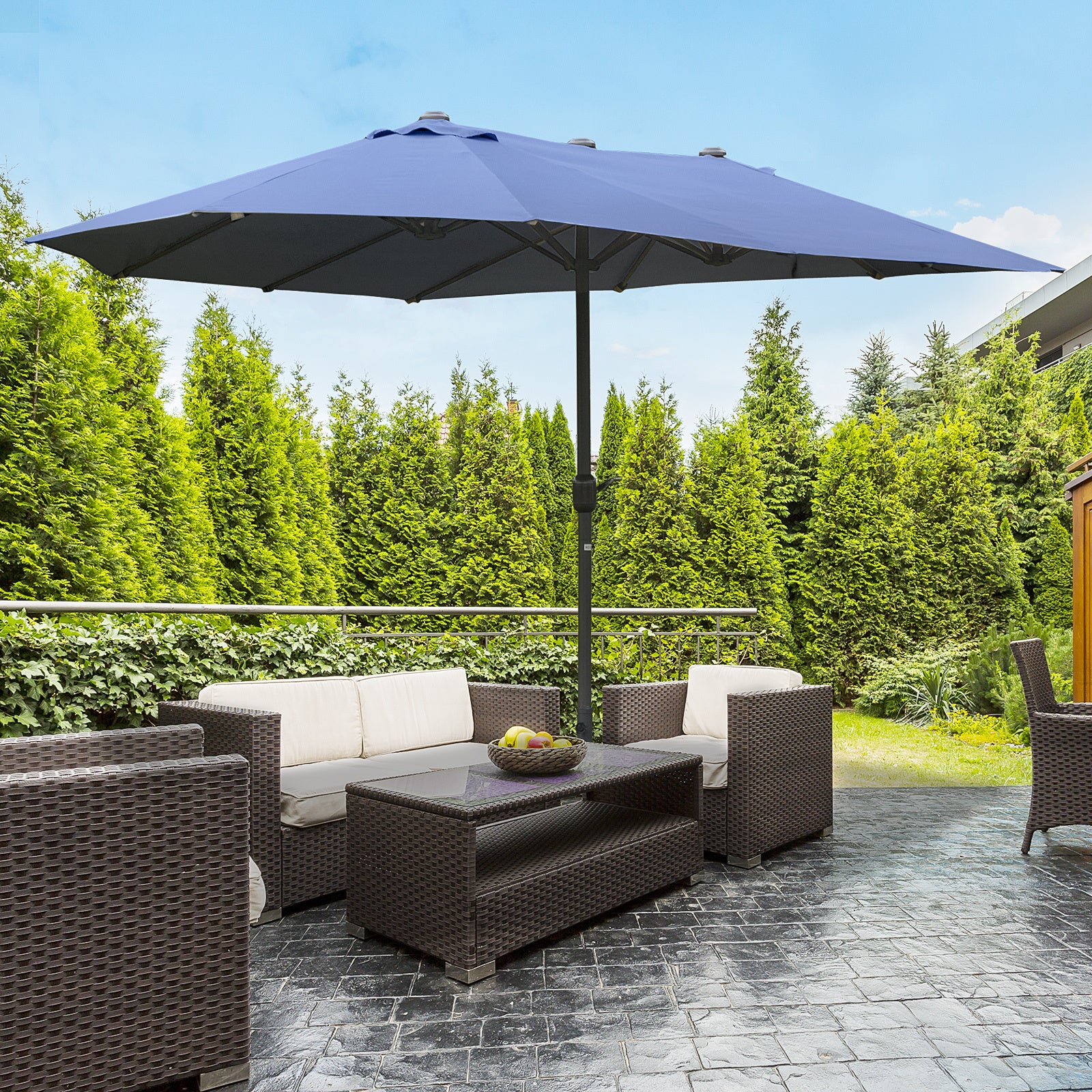 15ft Double-Sided Patio Umbrella Rust-Resistant Steel Umbrella For Poolside Shade, For Easy Crank Deck, Pool, Patio, Dark Blue