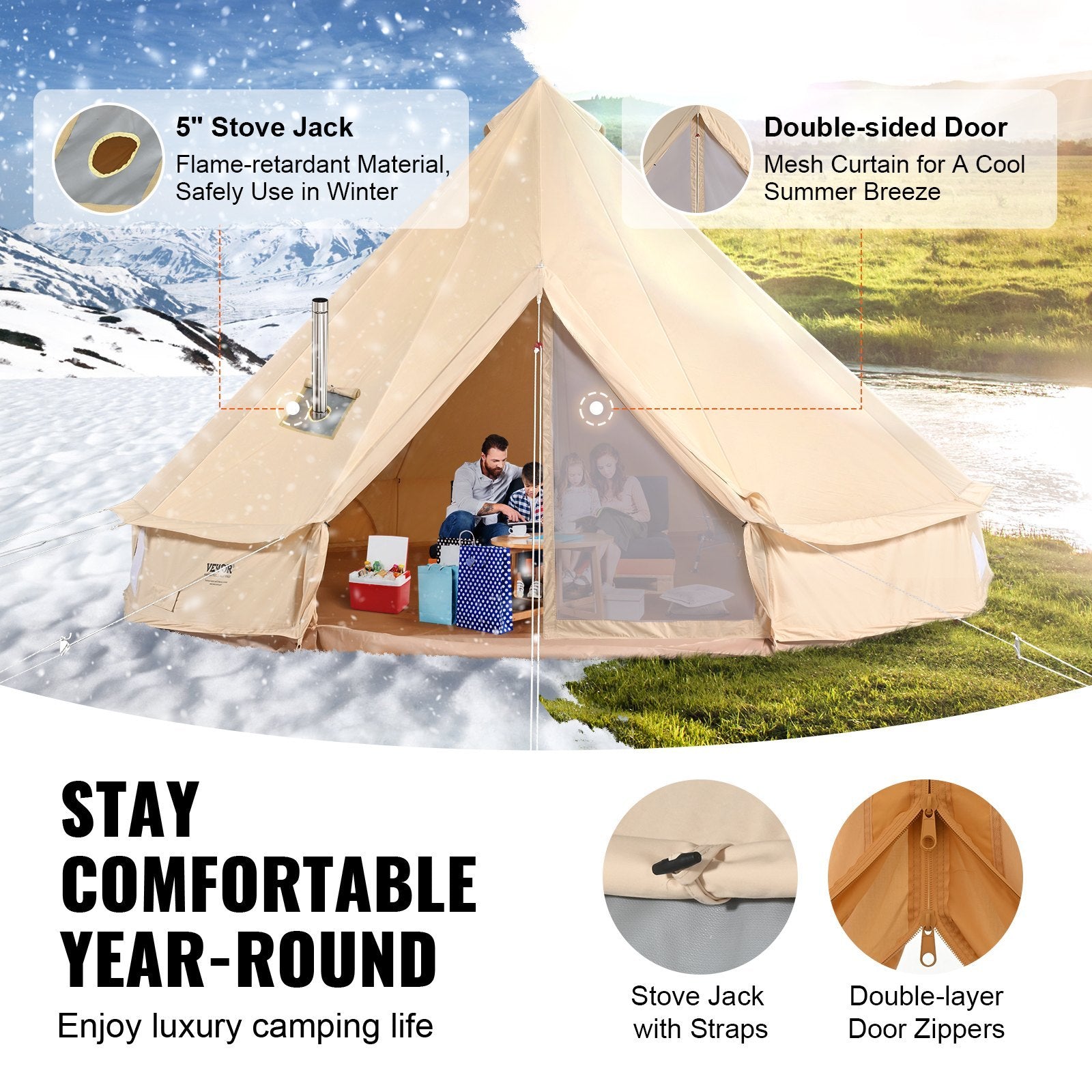 3-5 Person Canvas Glamping Bell Tent, Breathable Waterproof Yurt Tent With Stove Jack And Detachable Side Wall For Family Camping, 10'x 10'x98"(Diameter 3M)