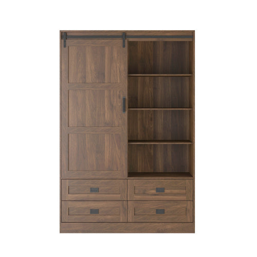 Tall Bedroom Armoire Wardrobe Closet Clothing Storage Cabinet With Hanging Rod Barn Door Drawers Open Shelves