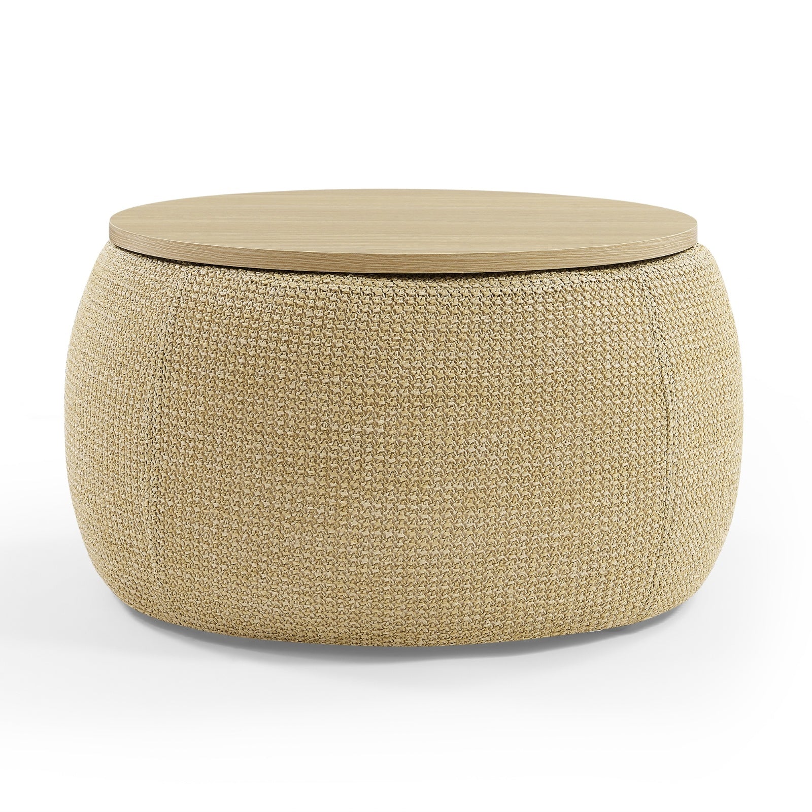 2-in-1 Round Storage Ottoman  End Table, Natural 25.5x25.5x14.5