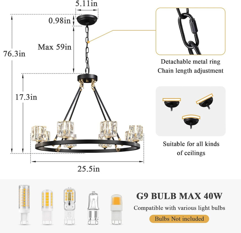 Black Wagon Wheel Chandelier, 8-Light Farmhouse Crystal Chandeleirs With Adjustable Height,Ceiling Hanging Light Fixture Pendant Lights For Living Room,Bedroom,Kitchen Island,Dining Room,Bedroom