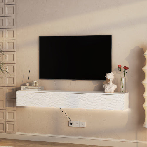 Floating TV Stand Wall Mounted With 16 Color LEDs,Modern TV Stand, Floating TV Cabinet Entertainment Center For 55 60 65 Inch TV,White