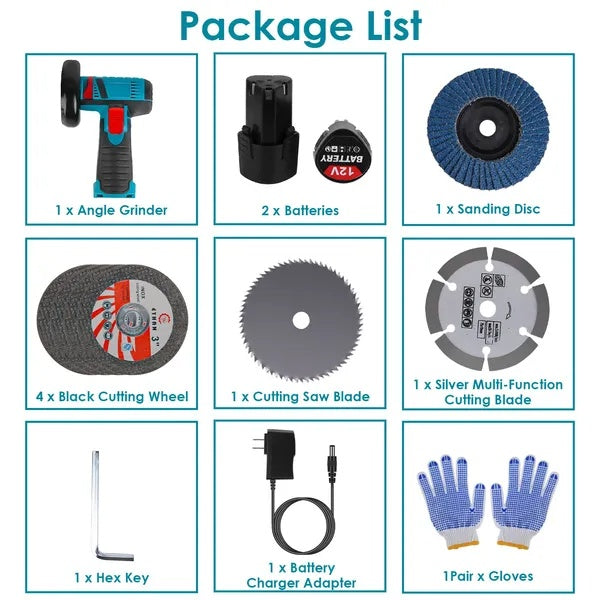 12V Cordless Mini Angle Grinder Hand Polishing Grinding Machine Cordless Cutter Grinding Tool With 7Pcs Disc 2Pcs 1100mAh Batteries And Charger Hex Key