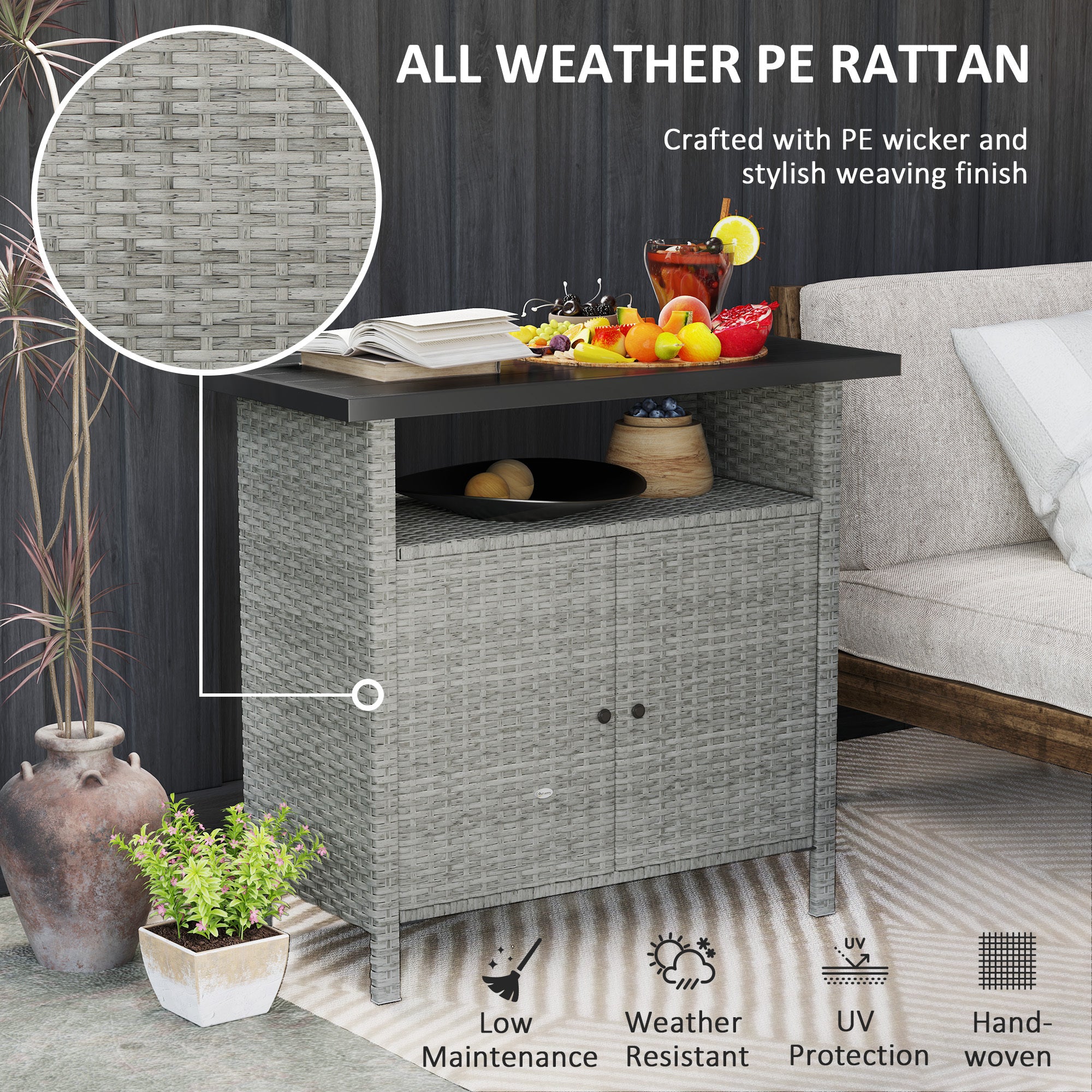 Wicker Outdoor Storage Cabinet With Two Doors And Shelf For Outdoor Pool Towel Storage, Gray