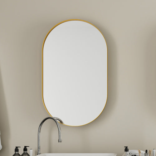 20x34 Inch Oval Recessed Medicine Cabinet, Metal Framed Bathroom Wall Cabinet With Mirror And Adjustable Shelves, Matte Gold