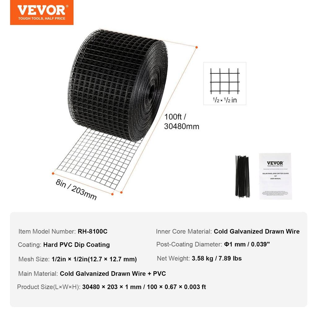 VEVOR 8InchX100ft Solar Panel Bird Guard, Critter Guard Roll Kit With Rust-proof PVC Coating, Solar Panel Guard With 50pcs Tire Wires,
