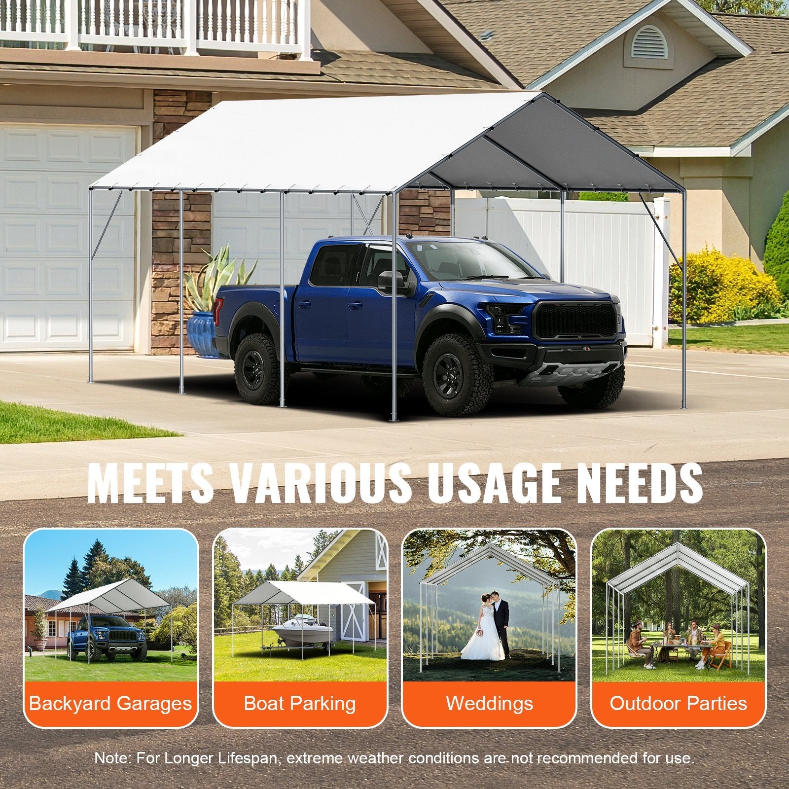 VEVOR 10 X 20 Ft Carport Replacement Canopy Cover, Garage Top Tent Shelter Tarp Heavy-Duty Waterproof & UV Protected, Easy Installation With 40 Ball Bungeess Only Top Cover, Frame Not Include , White