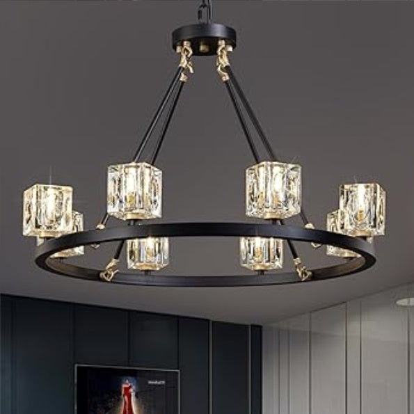 Black Wagon Wheel Chandelier, 8-Light Farmhouse Crystal Chandeleirs With Adjustable Height,Ceiling Hanging Light Fixture Pendant Lights For Living Room,Bedroom,Kitchen Island,Dining Room,Bedroom