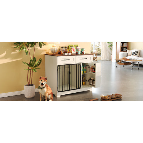 Dog Crate Furniture, Indoor Dog Kennel With 2 Drawers And Storage Cabinet, Modern Furniture Dog Crate Side End Table For Small Medium Dogs, White