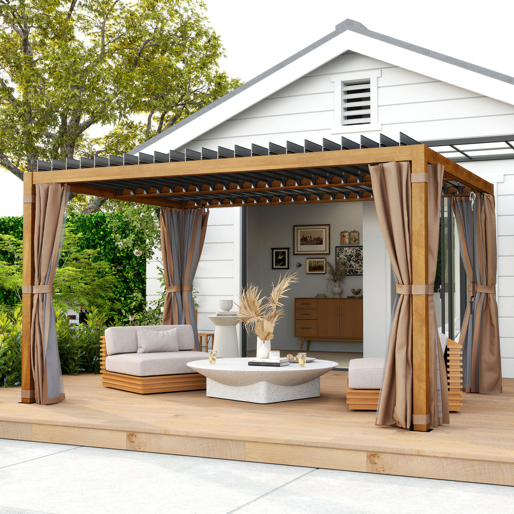 DIY 10 X 13 Outdoor Retractable Pergola WSun Shade Louvered Top, Pergola W Canopy, Curtains, Netting, Natural Wood